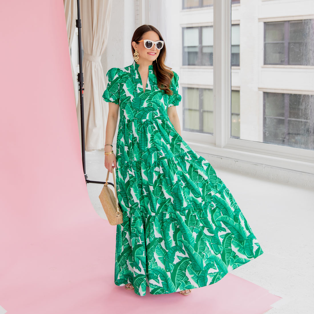 Leaf Print Tiered Maxi Dress